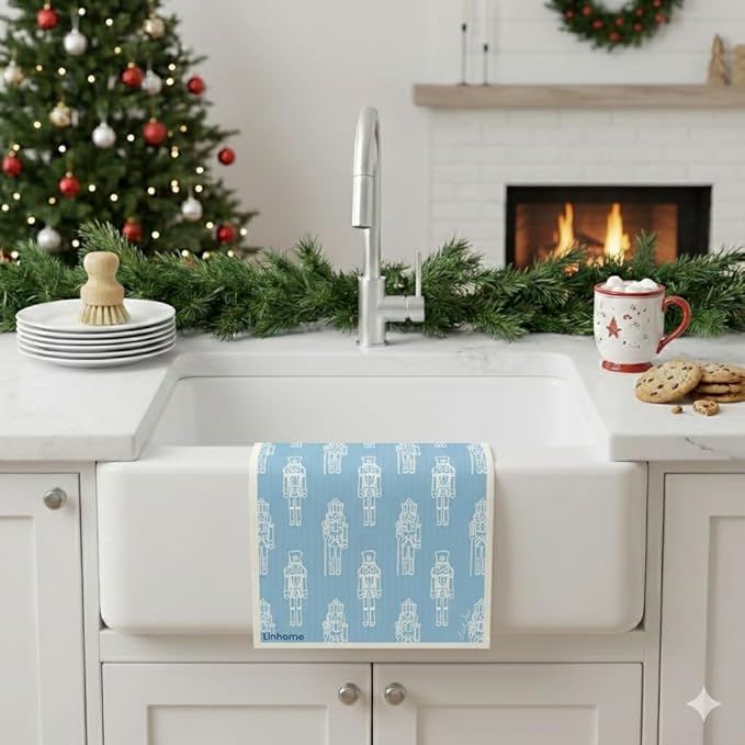 Christmas Holiday Swedish Dishcloth, Reusable Paper Towel, Super Absorbent Cellulose Sponge, Washable Kitchen Cleaning Cloth (Frosted Nutcrackers - 1 Pack)