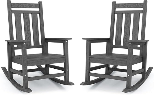 KINGYES Oversized Outdoor Rocking Chair Set of 2, All-Weather Patio Rocking Chairs for Porch, HDPE Outdoor Patio Rockers with High Back & Wide Seat for Garden, Lawn, Gray