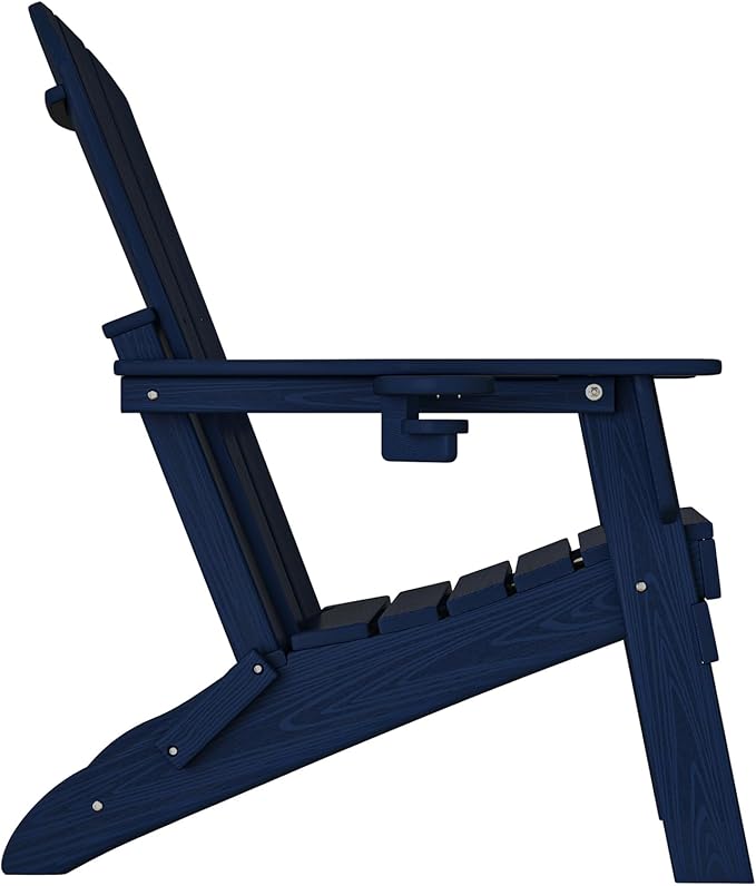 Plawdlik Folding Adirondack Chair, SGS Tested, Wooden Textured with Cup Holder, Heavy All-Weather HDPE Comfortable Set Poolside Backyard Lawn Navy Blue Set 2