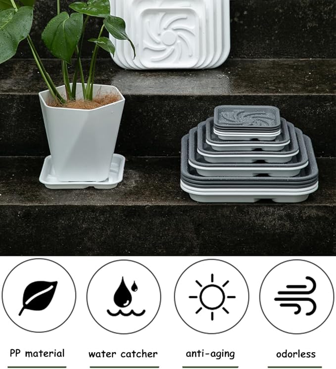 5 Pack Plastic Flower Plant Pot Saucer, Heavy Duty Plant Drip Trays Saucers for Indoors Outdoors,Quadrate Thick Sturdy Planter Bottom Plate(White,6.5")