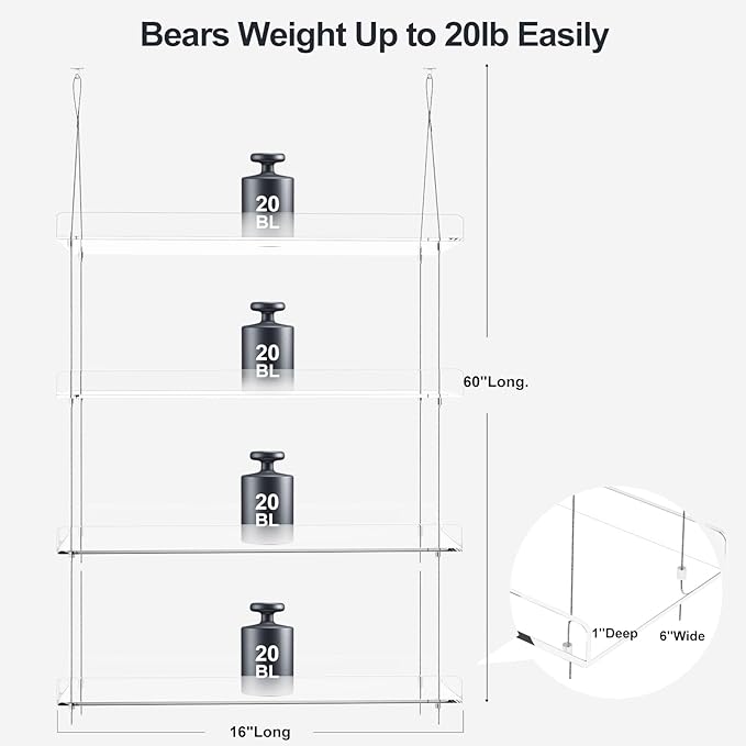 2-Pack Hanging Clear Plant Shelves for Windows, Acrylic Window Wall Plant Stand Shelf for Kitchen Indoor Gardens, Flower, Herb, Seedling Organization, and Pots Display, 16 Inch per Tier