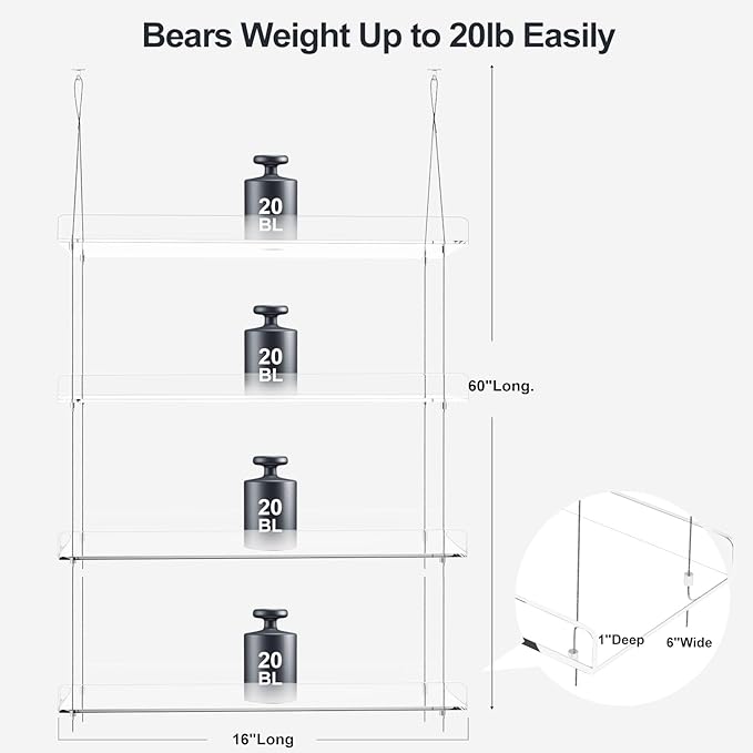 4-Tier Hanging Clear Plant Shelves for Windows, Acrylic Window Wall Plant Stand Shelf for Kitchen Indoor Gardens, Flower,Herb, Seedling Organization, and Pots Display, 16 Inch per Tier