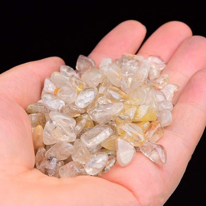 IMALY Gold Rutilated Quartz Tumbled Chips Stone Polished Crushed Healing Crystal Quartz Pieces Irregular Shaped Stones for Home Decorative Stones Vases Plants Succulents 0.5lb