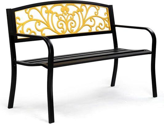 VINGLI Outdoor Bench for Patio Metal Garden Bench w/PVC Back Pattern, Black Park Benches Front Porch Benches for Yard Lawn Decor Deck Entryway (Yellow&Black)