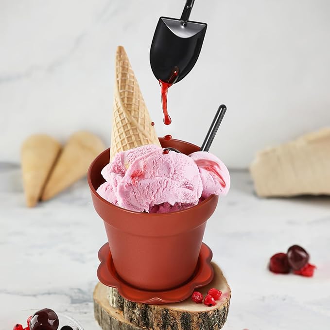 Garneck 20pcs Mini Flower Pot Dessert Cups with Lids Shovel Spoons and Bottom Tray Plastic Small Cake Cup for Construction Birthday Baby Shower Summer Ice Cream Yogurt Mousse Pudding