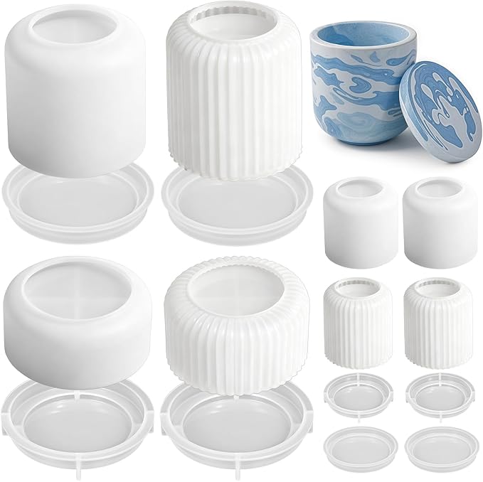 8 PCS Candle Jar Silicone Mold with Lid, Round Stripe Resin Molds Box Storage Bowl Creative Plant Flower Pot Vase Concrete Molds for Epoxy Jewelry Trinket Holder Organizer DIY Crafts Home Decor