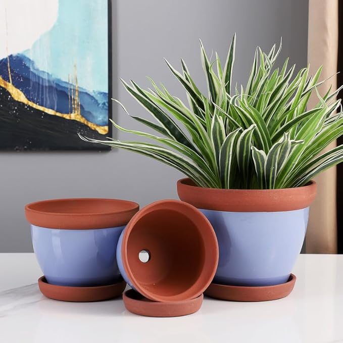 Yishang Glazed Terracotta Pots with Saucers, Set of 3, 5", 6", and 7" Sizes, Ceramic Clay Planter Pots with Drainage Holes - Blue