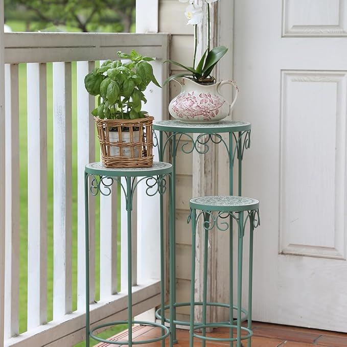 Metal Plant Stand Indoor & Outdoor Set of 3 Round Ceramic Top 28" Tall Mosaic Flower Stand Tile Nesting Display Plant Rack Flower Holder Side Table for Patio Living Room Multi-tiered Flower Pot Holders Garden Accessory Decor Green