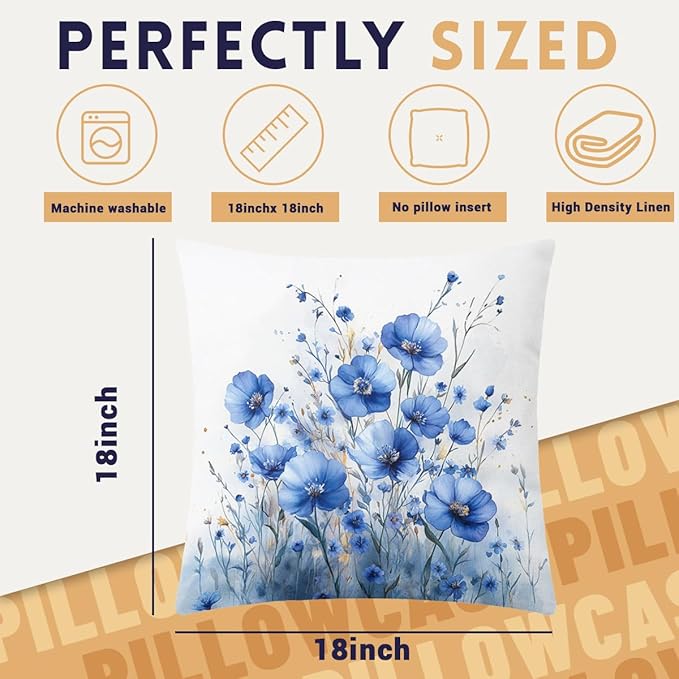 Blue Flower Pillow Covers 18x18 inch Set of 4, Modern Minimalist Botanical Decorative Throw Pillow Cases Holiday Decorations for Sofa Couch Farmhouse Home