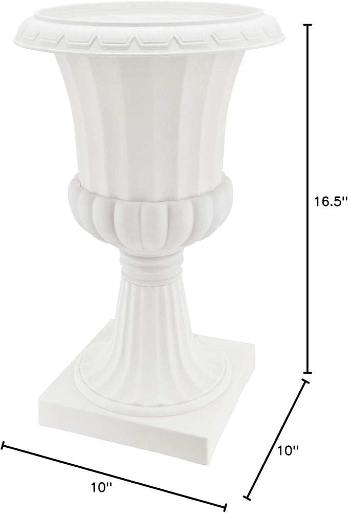 Arcadia Garden Products Plastic Garden Pedestal Urn, Set of 2 Classic Decorative Garden Pot Planter for Indoor and Outdoor Plants, 10” x 17”, White