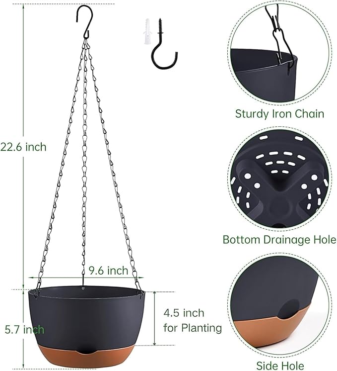 Hanging Planters for Indoor Plants, Set of 2 8/10 Inch Self-Watering Hanging Pots with Drainage Hole & Removable Water-Storage Tray II Screw-in Hooks II