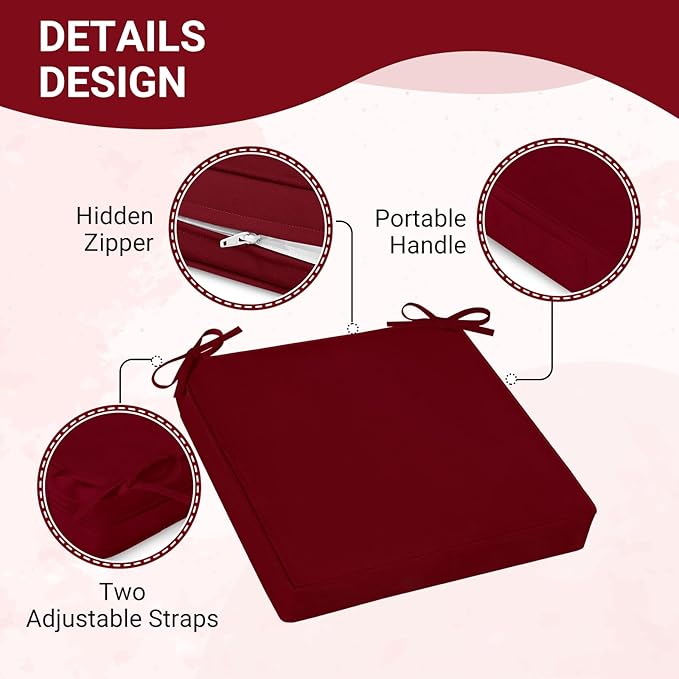downluxe Waterproof Outdoor Chair Cushions Set of 2, 19" x 19" x 3" Patio Chair Cushion with Non-Slip Ties & Handle, Square Outdoor Cushion for Patio Furniture with Removable Cover, Burgundy