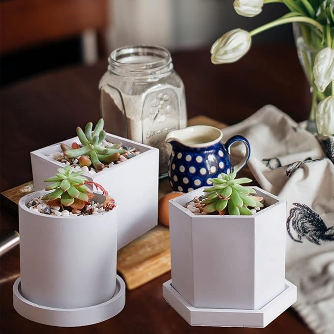 3 Sets Large Silicone Plant Molds, Container Coaster Resin Concrete Mold, Cylinder Cube Hexagon Silicone Mold for Candle Vessel Succulent Planter Pot Pen Holder Jar, Handmade Crafts Supplies