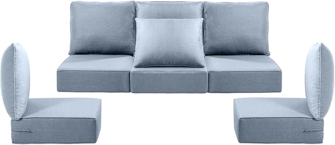 Luxury 24x24x6 Outdoor Cushions for 5-Seat Sectional Sofa Set of 5 - Water-Repellent 11-Piece Patio Cushion Set for Outside Rattan Wicker Loveseat Chair L-Shape Couch - Baby Blue/Classic