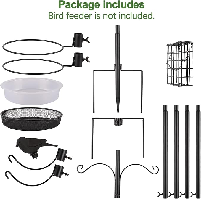 Camii 75 inch 4-Hook Bird Feeder Pole Kit, Adjustable Shepherds Hook with Tray, Water Bowl, 5-Prong Reinforced Base, Garden Hooks for Hanging Bird Feeders, Hanging Plants, Solar Light Lantern