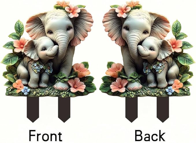 Garden Stake Decor, Acrylic 2D Flat Animal Statue, Fairy Sculptures Ornament Indoor Outdoor Yard Lawn Pot Plant Decorative Accessories (Small Elephant)