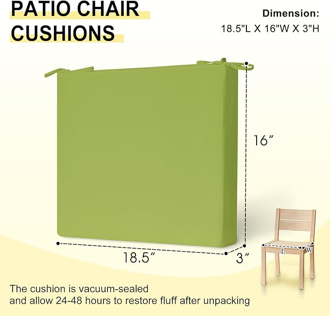 downluxe Outdoor Chair Cushions Set of 4 for Patio Furniture, Water-Resistant Square Corner Patio Chair Cushions with Ties, High Density Foam Outdoor Seat Cushion, 18.5" X 16" X 3", Sage Green