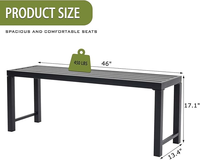 Outdoor Metal Backless Bench Weatherproof Patio Bench with Slatted Seat, All-Weather Garden Bench for Porch, Patio, Lawn and Backyard, Black