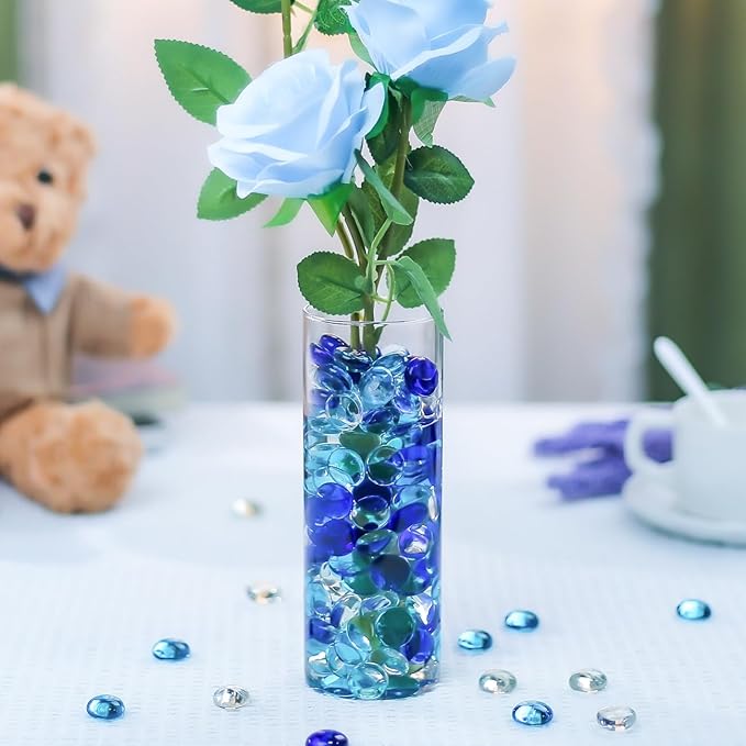 CYS EXCEL Blue Mix Glass Gemstone Beads Vase Fillers (6 LBS) Flat Marble Beads Multiple Color Choices Aquarium Decor Rocks Floral Stones Decorative Mosaic Gem Pebbles