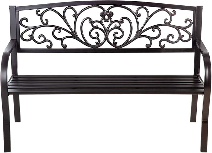 Evergreen Garden Weatherproof Outdoor Bench Blooming Garden | Holds Up to 300 lbs. | Furniture for Lawn Garden Patio Porch Park Deck | Steel | Black