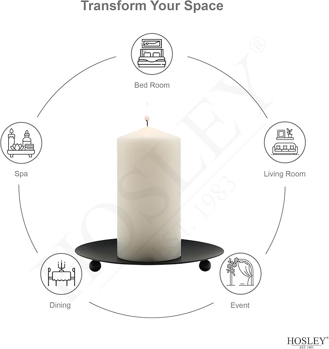 Hosley Set of 6 Black Iron Pillar Candle Holder Plates – 7-Inch Decorative Round Trays for Pillar Candles – Ideal for Weddings, Special Occasions, Home Décor, and Pedestal Displays