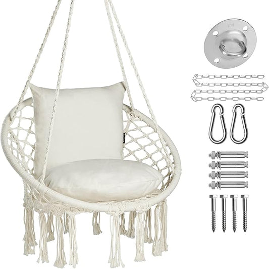 JoyView Macrame Hammock Chair Hanging Swing Chair Max 330 Lbs with 2 Cushions and Hardware Kits for Indoor Outdoor Bedroom Patio Garden - Beige