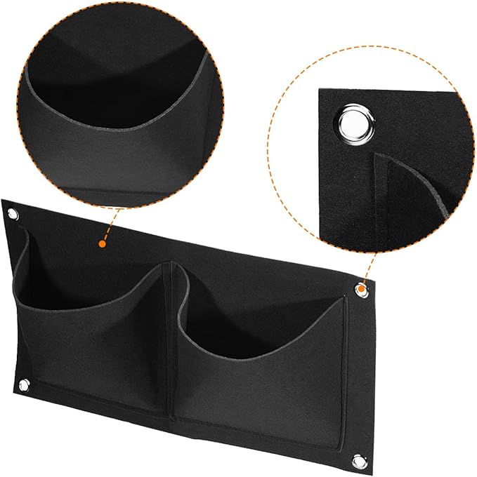 MECCANIXITY Vertical Hanging Grow Bag with 2 Pockets, Wall Mounted Felt Fabric Flowerpot Bag Plant Container for Garden Home Decoration, Black