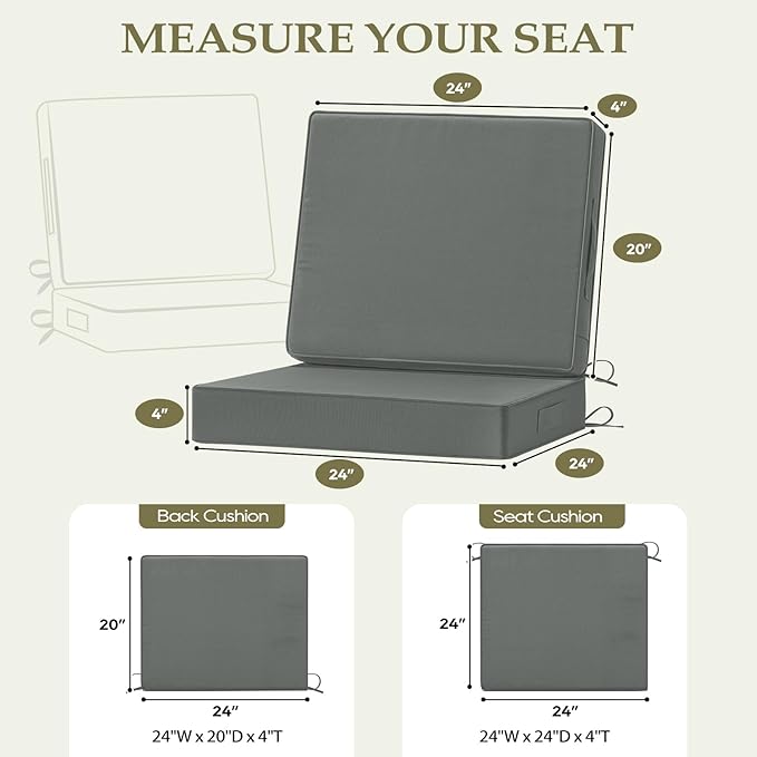 Wellsin Outdoor Cushions for Patio Furniture, Waterproof Outdoor Seat Cushions with Ties and Handle, Outdoor Cushions 24 X 24, Outdoor Deep Seat Cushions with Removable Cover, Dark Gray