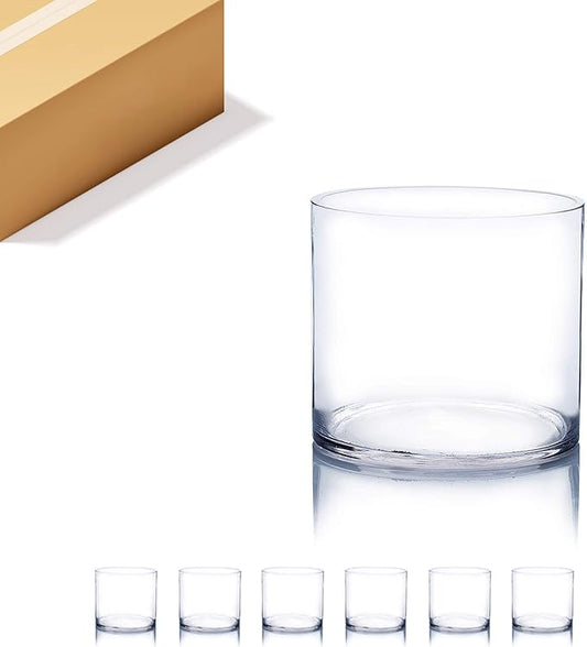 WGVI Thick Weighted Clear Right Cylinder Glass Vases, 6" W x 6" H, Equilateral Cylinder Glass Candle Holders Flower Arrangement Centerpieces Storage Container Brush Pen Holder, Bulk Wholesale, 6 Pcs