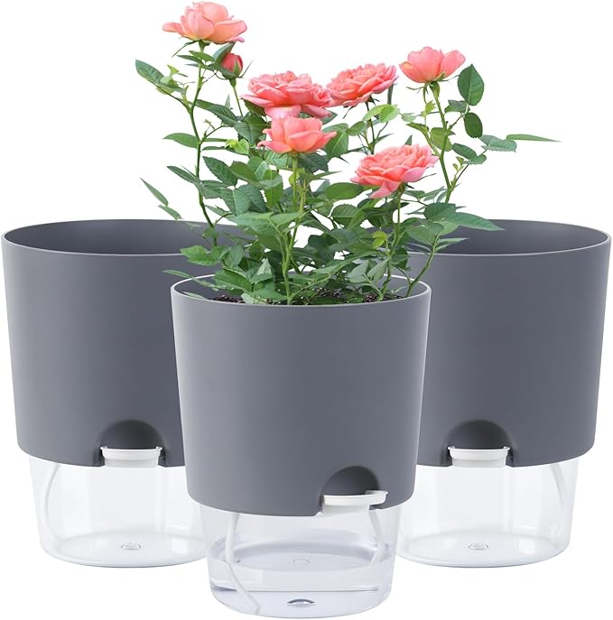 6.3 Inch Self Watering Planter Pots for Indoor Plants, 3 Packs African Violet Pots with Wick Rope and Visible Reservoir Self Watering Planter for Herb, Houseplants