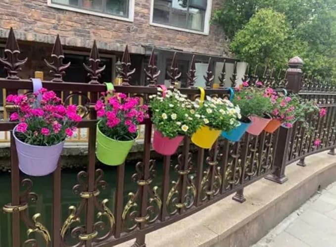 Vintage Hanging Cup Holders with Removable Hooks -5 Pack Metal Iron Buckets Hanging Flower Pots Wall Fence Hanging Planter-Storage Box, Drainage Holes -5''Diameter Vase Decoration (Rose Pink)
