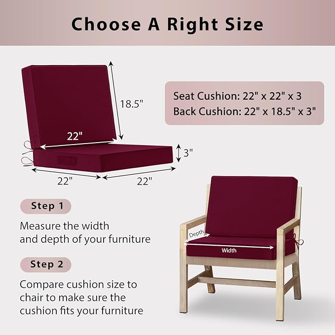 Waterproof Outdoor Chair Cushions 22x22, Memory Foam Outdoor Cushions for Patio Furniture with Removable Cover, Deep Seat Cushions for Outdoor Furniture with Ties and Handle, Burgundy