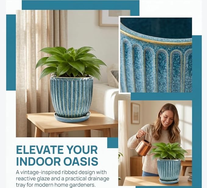 5 + 6 Inch Ceramic Plant Pots with Drain Hole & Saucer, Flower Pots for Indoor/Outdoor Plants - Succulent, Snake Plant, Money Tree, Aloe Vera, Basil Planter, Glaze Blue