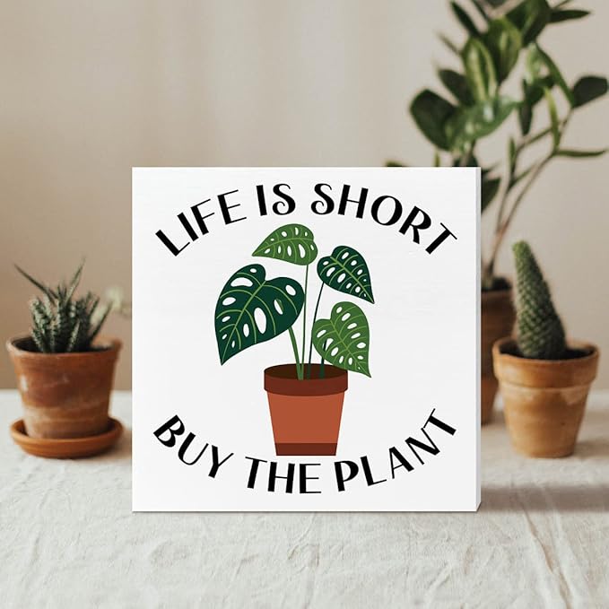 Plant Lover Desk Wooden Box Sign Decor, Life Is Short Buy, Plant Garden Decor Home Office Desk Decoration Gardening Gardener Planter Gifts for Women Men Mom Teens Kids