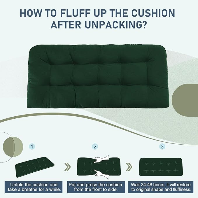 downluxe Outdoor Bench Cushion for Patio Furniture, Water Resistant Tufted Overstuffed Porch Swing Cushions, Thick Outdoor Loveseat Cushions, 44" X 19" X 5", Forest Green, Set of 1