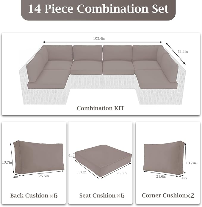 Outdoor Sectional Cushions, 4" Foam High-Density, Water-Resistant Couch Cushions Replacement Set, 14 Piece Patio Sectional Cushion for 6-Seat Sectional Patio Conversation Sets (Khaki)