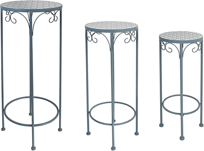 Metal Plant Stand Set of 3 Round Ceramic Top 28" Tall Mosaic Flower Stand Tile Nesting Display Side Table Indoor Outdoor Plant Rack Flower Holder for Wedding Party Patio Living Room Frame Stackable Garden Accessory Decorative Blue