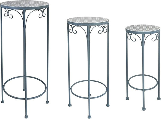 Metal Plant Stand Set of 3 Round Ceramic Top 28" Tall Mosaic Flower Stand Tile Nesting Display Side Table Indoor Outdoor Plant Rack Flower Holder for Wedding Party Patio Living Room Frame Stackable Garden Accessory Decorative Blue