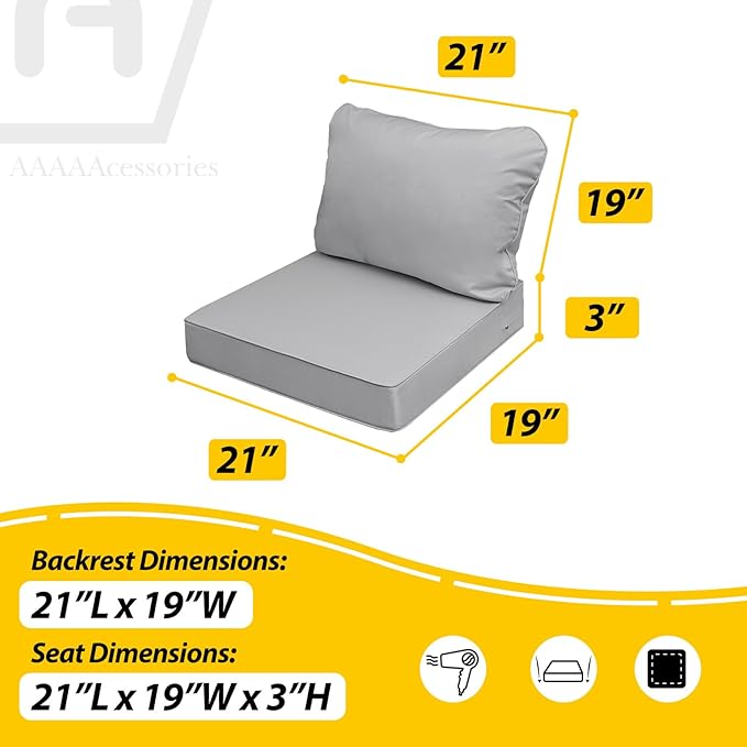 AAAAAcessories Outdoor Seat Cushions for Chairs, Fade-Resistant, Waterproof Patio Furniture Replacement Cushions, 21" x 19" x 3" + 21" x 19", Set of 2, Gray