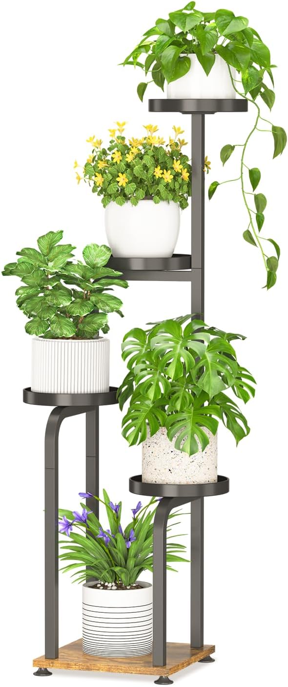 iDavosic.ly Tall Plant Stand Indoor, 4 Tier Corner Multiple Flower Holder Shelf with Metal Trays, Space Saving Display Rack for Living Room Balcony Patio Porch Outdoor | Black & Brown