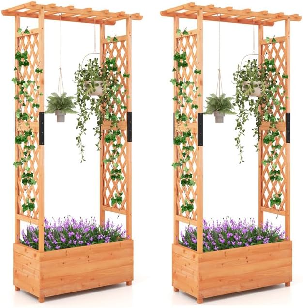 HAPPYGRILL 72" Raised Garden Bed with Trellis, 2 Pack Freestanding Wood Planter Box w/Hanging Roof & 2 Drainage Holes for Vine Climbing Plants Flowers, Outdoor Planter w/Trellis for Garden Patio