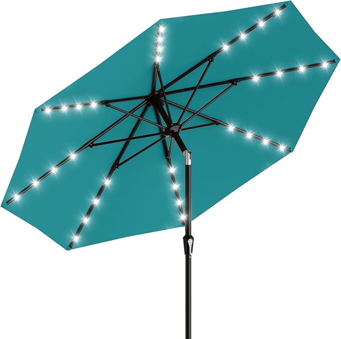 AreShark 9FT Patio Umbrella with Solar Lights, 32 LED Lighted Pool Umbrella w/Tilt and Crank, Outdoor Market Solar Umbrellas for Garden, Deck, Backyard, Pool and Beach, Lake Blue