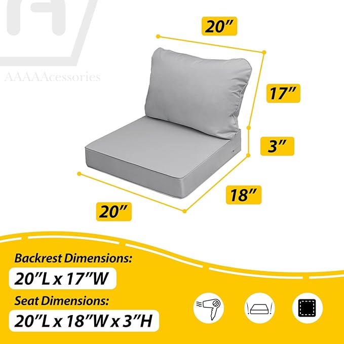 AAAAAcessories Outdoor Seat Cushions for Chairs, Fade-Resistant, Waterproof Patio Furniture Replacement Cushions, 20" x 18" x 3" + 20" x 17", Gray