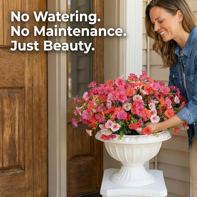 12Pcs Artificial Outdoor Flowers for Outdoors, Faux Silk Realistic Morning Glory Floral Arrangement Planter UV Resistant for Porch Patio Window Box Balcony Garden Decor (12pcs Mixed Pink)
