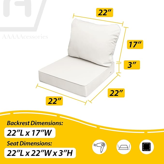 AAAAAcessories Outdoor Seat Cushions for Chairs, Fade-Resistant, Waterproof Patio Furniture Replacement Cushions, 22" x 22" x 3" + 22" x 17", Creamy White