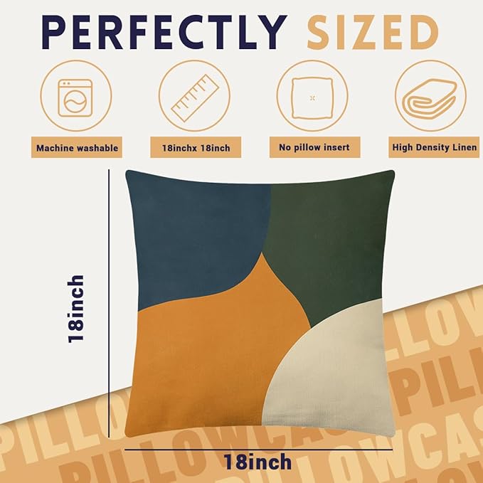 Abstract Pillow Covers 18x18 inch Set of 4, Modern Geometric Line Art Orange Green Blue Cushion Case Outdoor Sofa Throw Pillows Cover Garden Pillow Covers for Couch Living Room Bed Indoors Home Decor