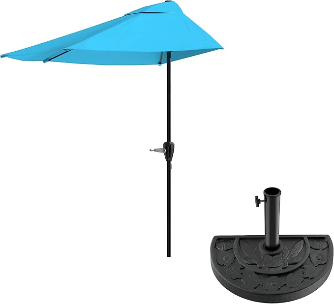 9-Ft Half Patio Umbrella Easy Crank Semicircle Balcony Shade with 20lb Weighted Base for Deck, Porch, or Against a Wall by Pure Garden (Bright Blue)