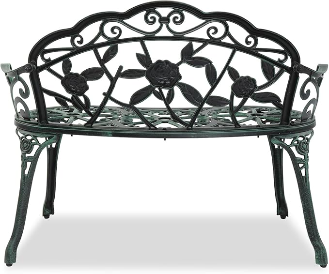 Outvita Outdoor Bench, 38"" Cast Aluminum Garden Bench Anti-Rust Weather Resistant Patio Bench Rose Pattern Bench for Front Porch, Backyard, Lawn, 1, Green