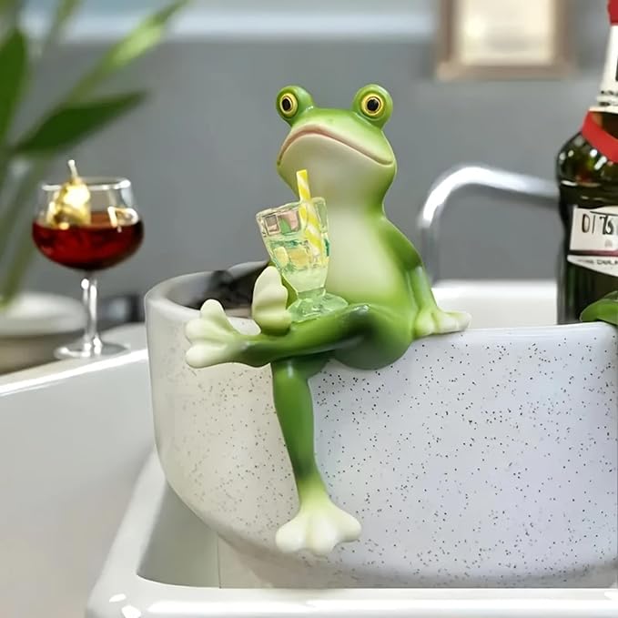 Upriver 3 PCS Tipsy Resin Frog Figurines, Miniature Frog Statue Plant Decorations for Pots,Funny Frog Planter Pot Hugger for Garden, Patio, Lawn, Balcony