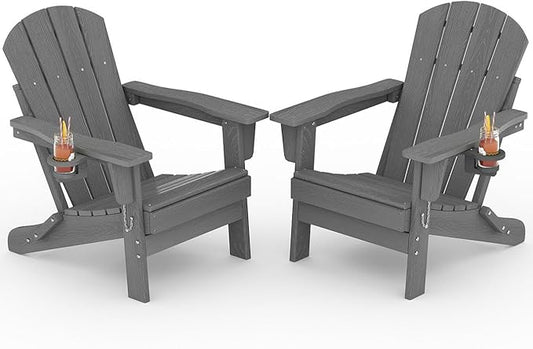 Folding Adirondack Chair Set of 2, All-Weather HDPE Outdoor Chair, Wooden Textured with Cup Holder for patios, Decks, Gardens, fire pits, Grey